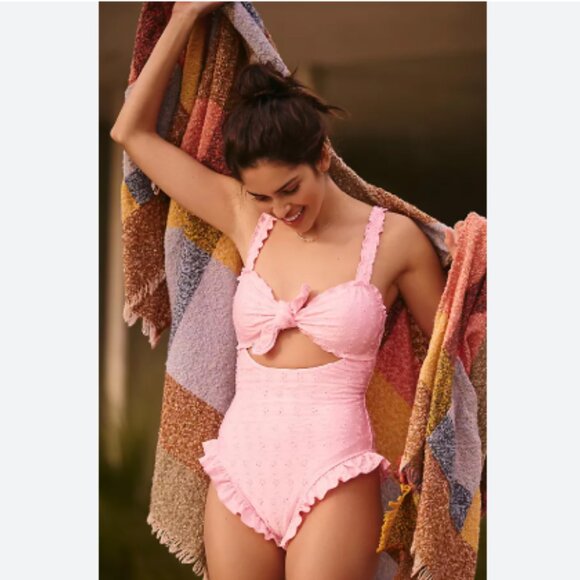 NEW Frankies Bikinis Lucia Eyelet One Piece Swimsuit Medium Pink Cherry Blossom - Picture 1 of 10